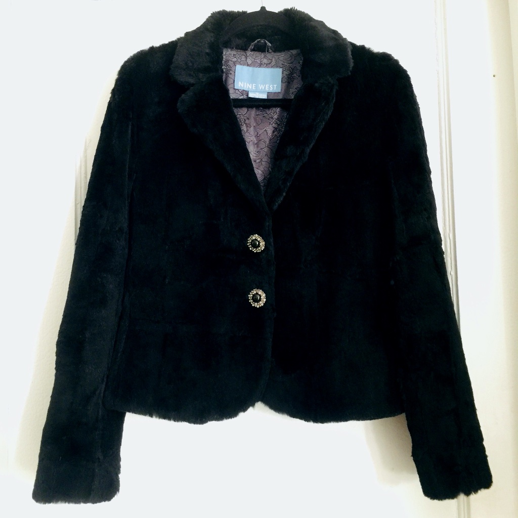 Vintage Nine West Fur Coat Jacket Fancy Black Thin Rabbit Lined Size M Nwot Y2k